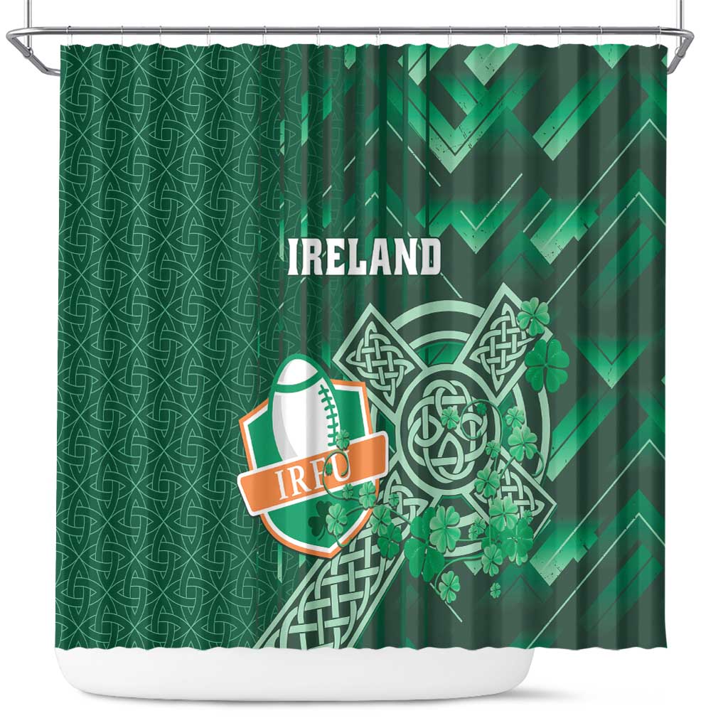 Ireland 2024 Rugby Shower Curtain Irish Shamrock Celtic Cross