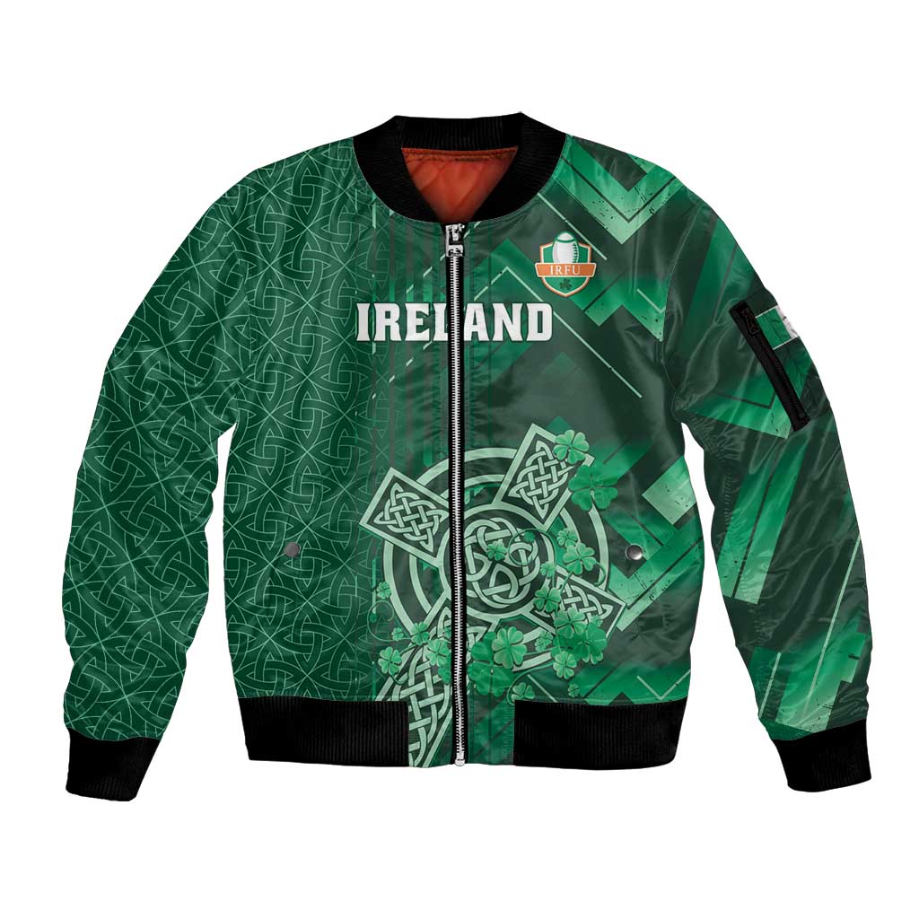 Ireland 2024 Rugby Sleeve Zip Bomber Jacket Irish Shamrock Celtic Cross