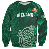 Green rugby sweatshirt with 'IRELAND' print, RBU crest, and celtic clover artwork