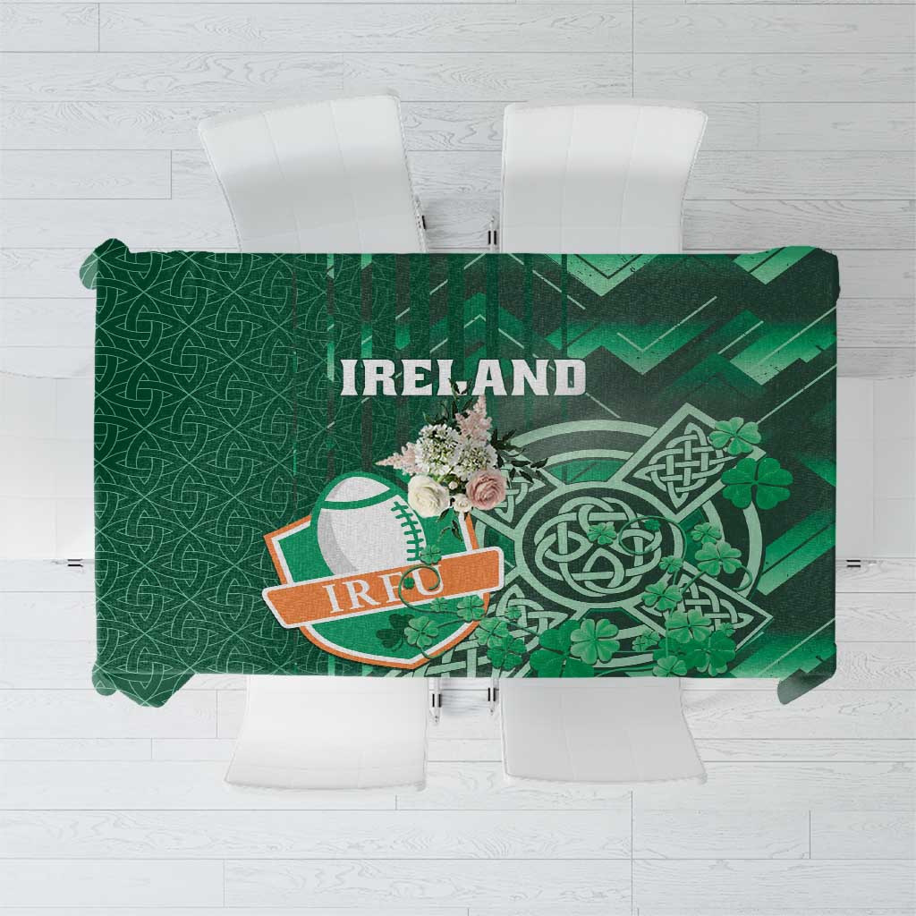 Green tablecloth with “IRELAND” print, Celtic cross emblem, and shamrock detail