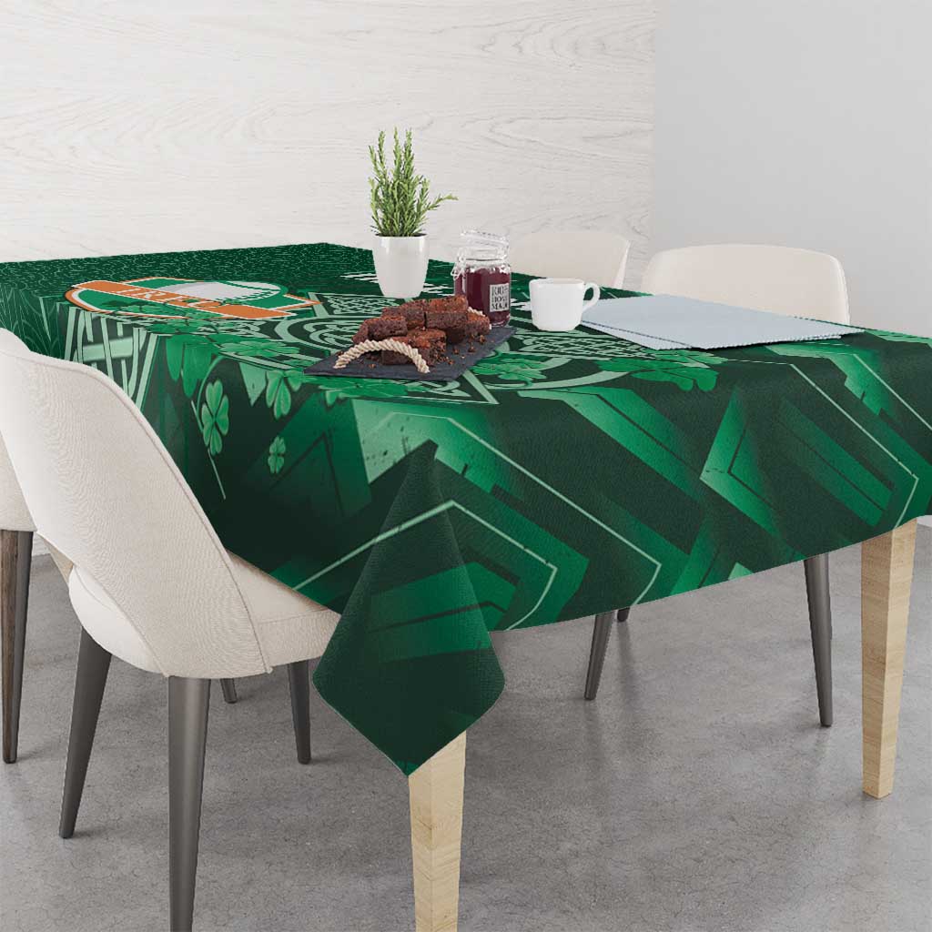 Green Irish-themed tablecloth with Celtic knot and shamrock pattern