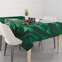 Green Irish-themed tablecloth with Celtic knot and shamrock pattern