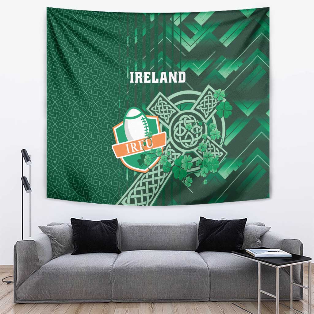 Green Ireland rugby tapestry with IRFU emblem, shamrocks, and Celtic cross design