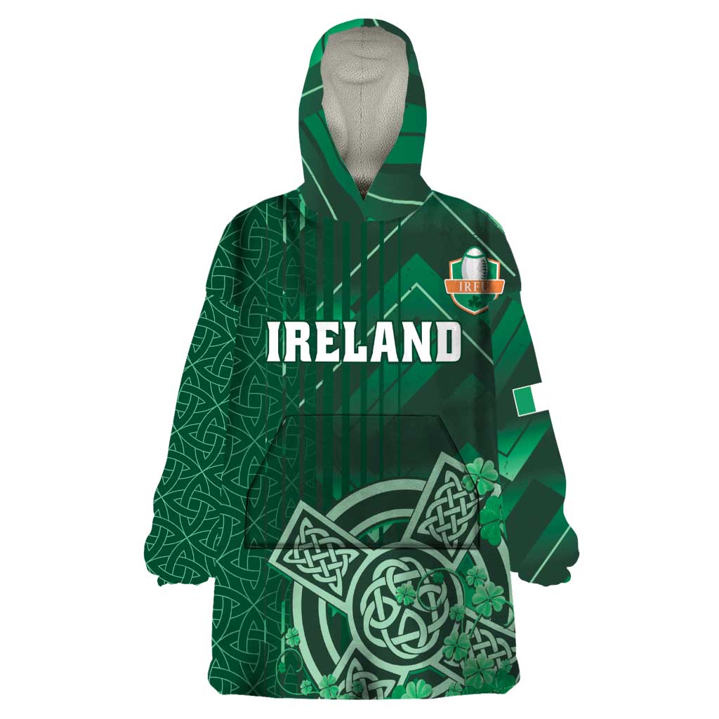 Ireland 2024 Rugby Wearable Blanket Hoodie Irish Shamrock Celtic Cross