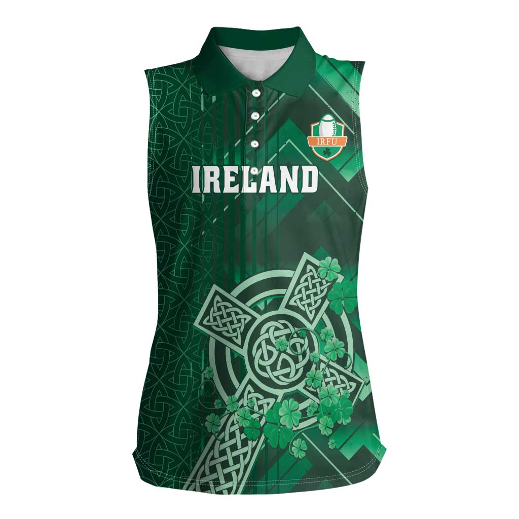 Ireland 2024 Rugby Women Sleeveless Polo Shirt Irish Shamrock Celtic Cross