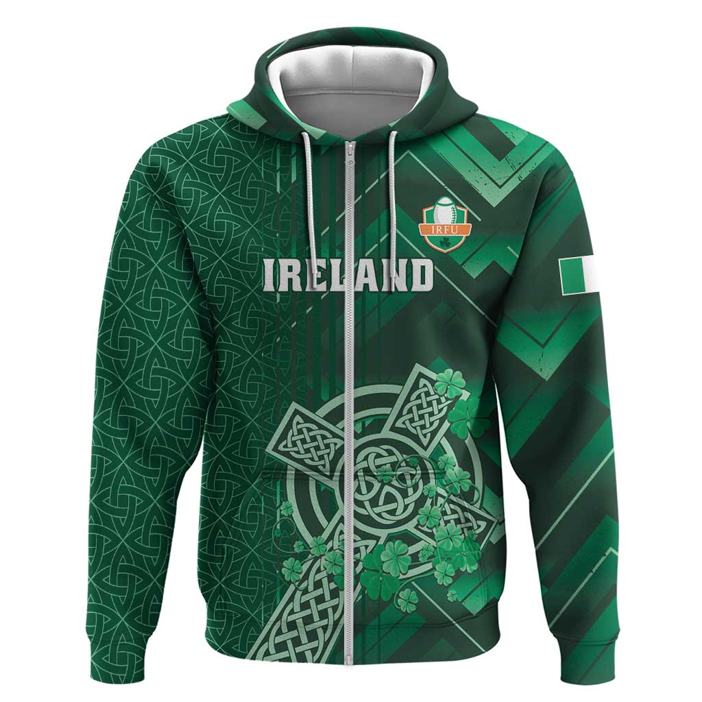 Ireland 2024 Rugby Zip Hoodie Irish Shamrock Celtic Cross