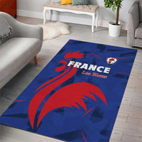 Blue rugby area rug featuring France logo, rooster graphic, and Les Bleus