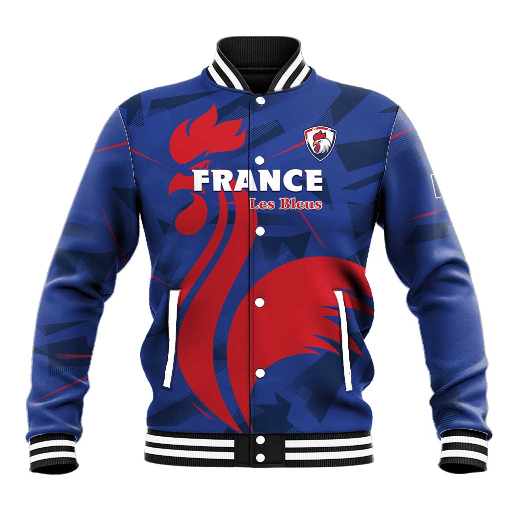 Blue varsity baseball jacket with snap front, striped rib collar, France Les Bleus graphic