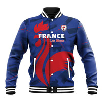 Blue varsity baseball jacket with snap front, striped rib collar, France Les Bleus graphic
