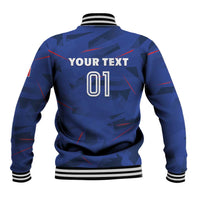 Blue varsity baseball jacket back with 01 print, geometric pattern, striped rib hem and cuffs