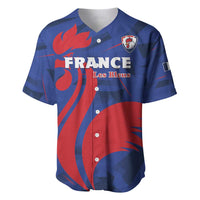 Blue France rugby baseball jersey with red flame graphic, buttons, crest and sponsor text