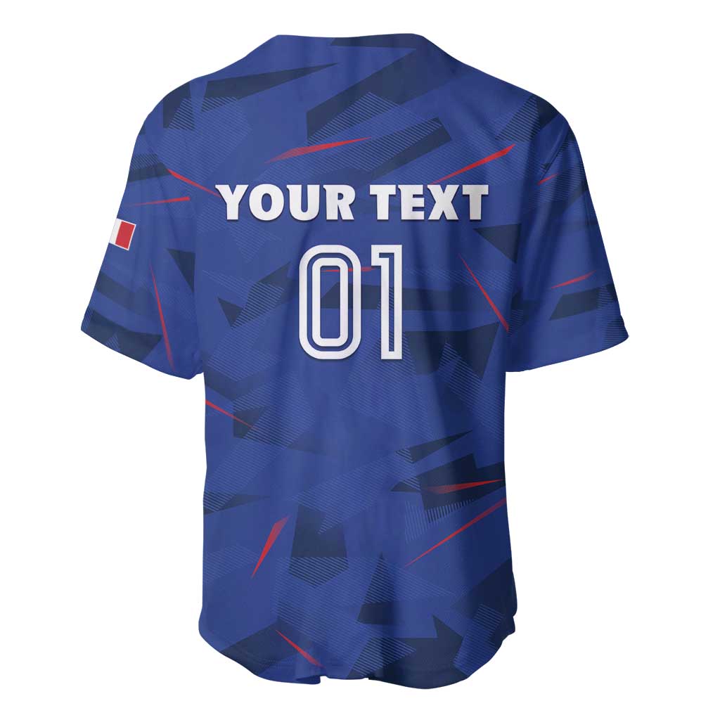 Blue rugby baseball jersey back with number 01, red lines, and France flag patch