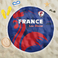 Round blue France rugby beach blanket with red rooster, FRANCE text, and white fringe