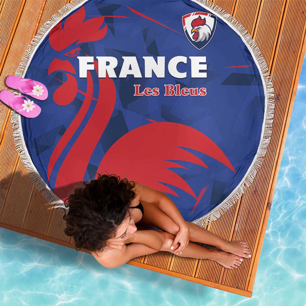 Round blue beach blanket with France crest, FRANCE and Les Bleus text, white fringe