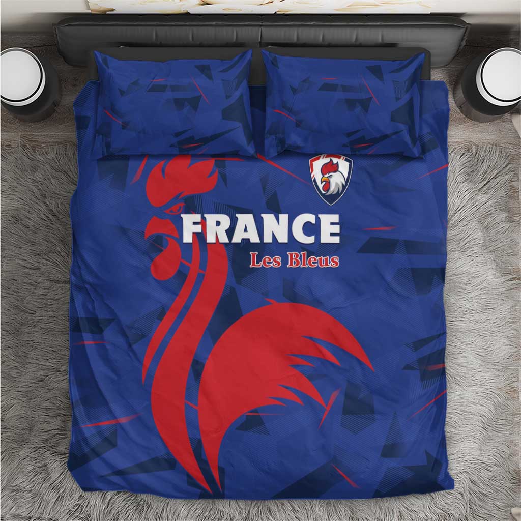 Blue France Les Bleus duvet set with two pillowcases, France shield and red rooster graphic