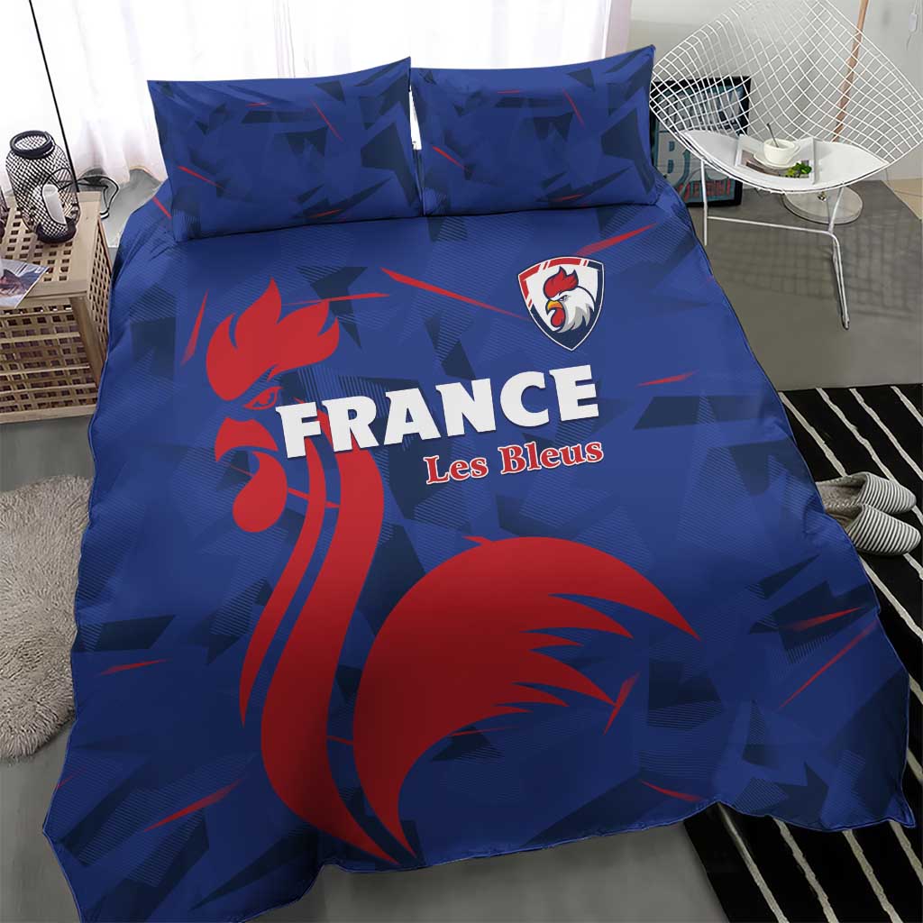 Blue France Les Bleus duvet and pillowcases with France wordmark and red rooster motif