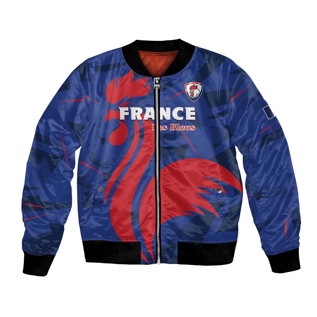 Blue France-themed rugby bomber jacket with red graphic front, black ribbed collar