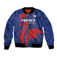 Blue France-themed rugby bomber jacket with red graphic front, black ribbed collar