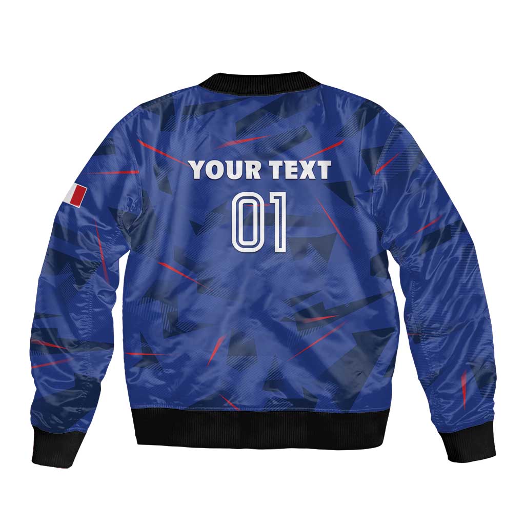 Blue bomber jacket back with 'YOUR TEXT' and 01 print, black ribbed hem and cuffs