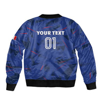 Blue bomber jacket back with 'YOUR TEXT' and 01 print, black ribbed hem and cuffs
