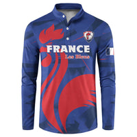 Blue rugby button sweatshirt with France Les Bleus graphic, long sleeves