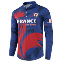 Blue rugby button sweatshirt with France Les Bleus and crest patch, long sleeves