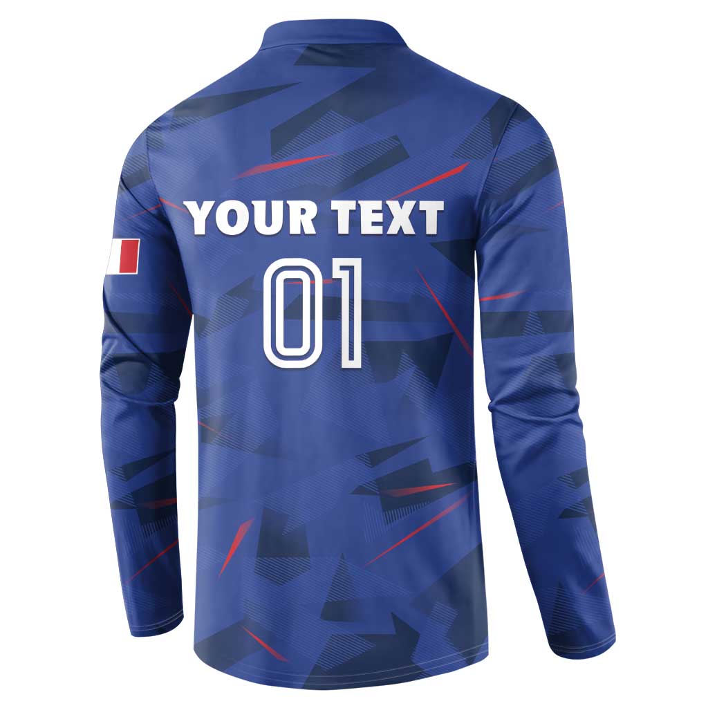 Blue rugby button sweatshirt back with 'YOUR TEXT 01' design, long sleeves
