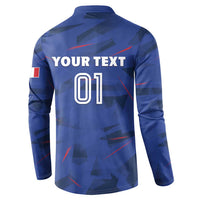 Blue rugby button sweatshirt back with 'YOUR TEXT 01' design, long sleeves