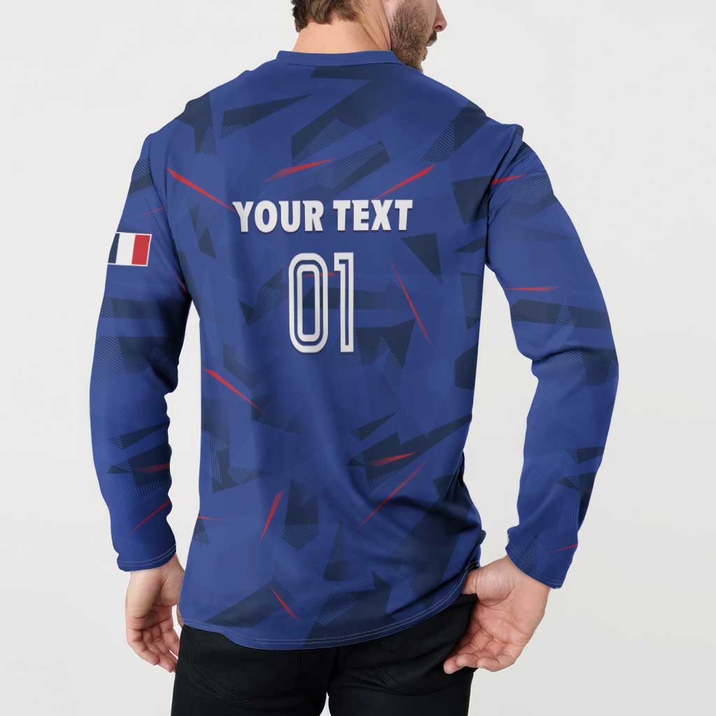 Blue rugby button sweatshirt back with 'YOUR TEXT 01' and geometric pattern
