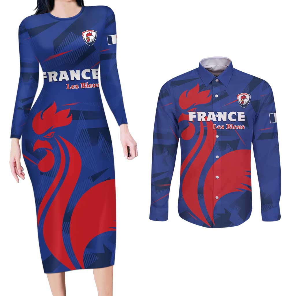 France 2024 Rugby Couples Matching Long Sleeve Bodycon Dress and Long Sleeve Button Shirt Bravo Les Bleus - Wonder Print Shop