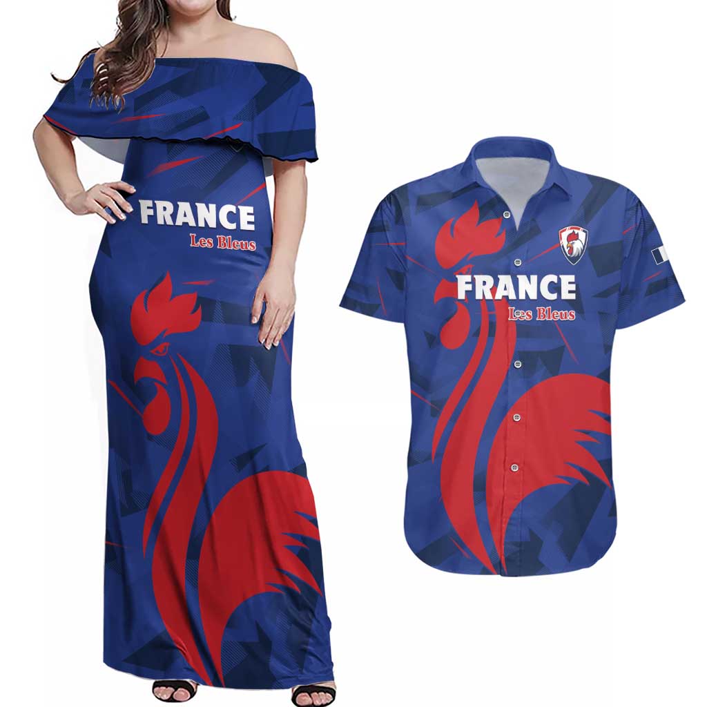 France 2024 Rugby Couples Matching Off Shoulder Maxi Dress and Hawaiian Shirt Bravo Les Bleus - Wonder Print Shop