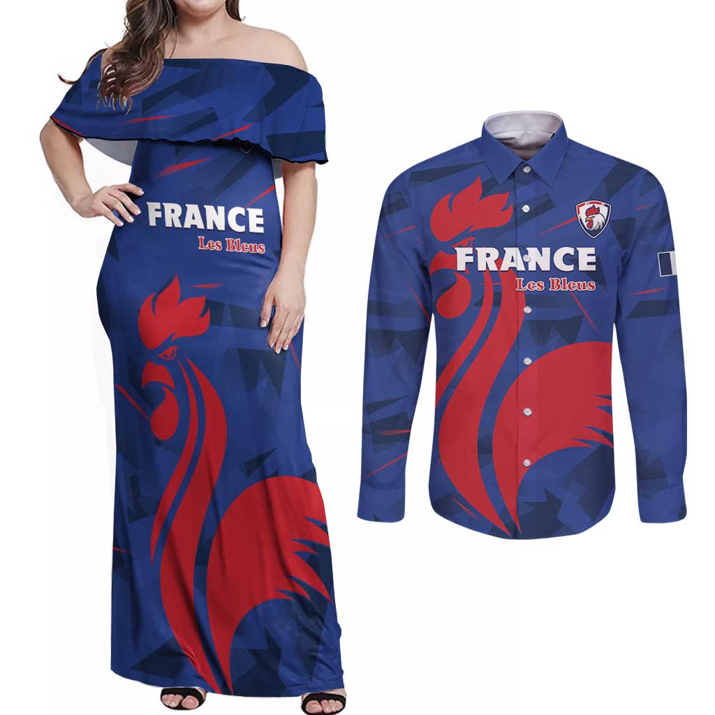 France 2024 Rugby Couples Matching Off Shoulder Maxi Dress and Long Sleeve Button Shirt Bravo Les Bleus - Wonder Print Shop