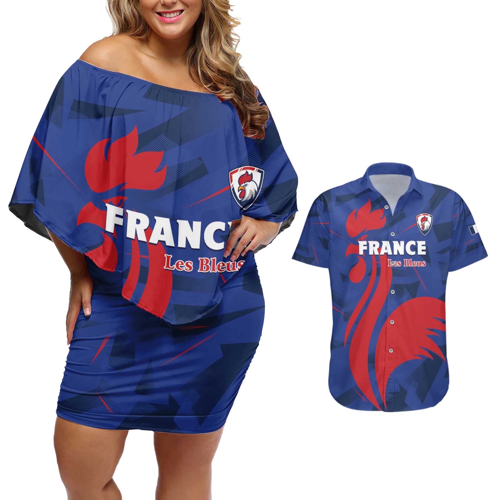 France 2024 Rugby Couples Matching Off Shoulder Short Dress and Hawaiian Shirt Bravo Les Bleus - Wonder Print Shop