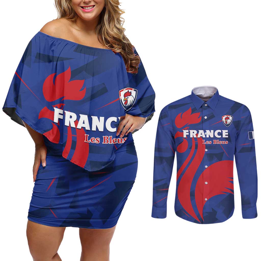 France 2024 Rugby Couples Matching Off Shoulder Short Dress and Long Sleeve Button Shirt Bravo Les Bleus - Wonder Print Shop