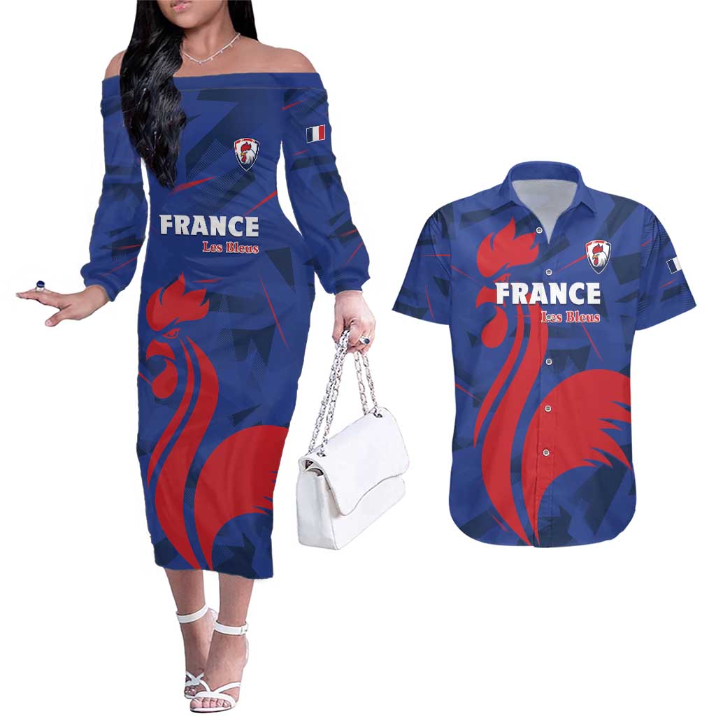 France 2024 Rugby Couples Matching Off The Shoulder Long Sleeve Dress and Hawaiian Shirt Bravo Les Bleus - Wonder Print Shop