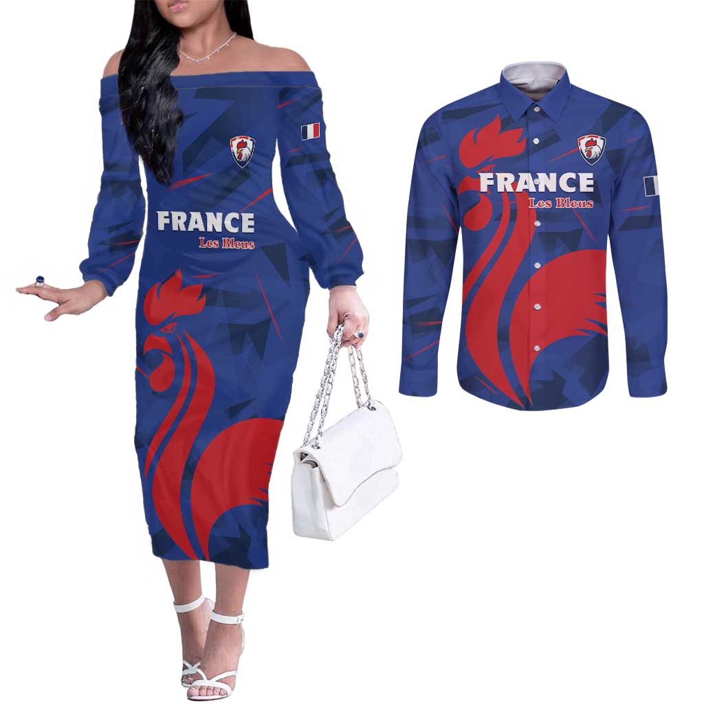 France 2024 Rugby Couples Matching Off The Shoulder Long Sleeve Dress and Long Sleeve Button Shirt Bravo Les Bleus