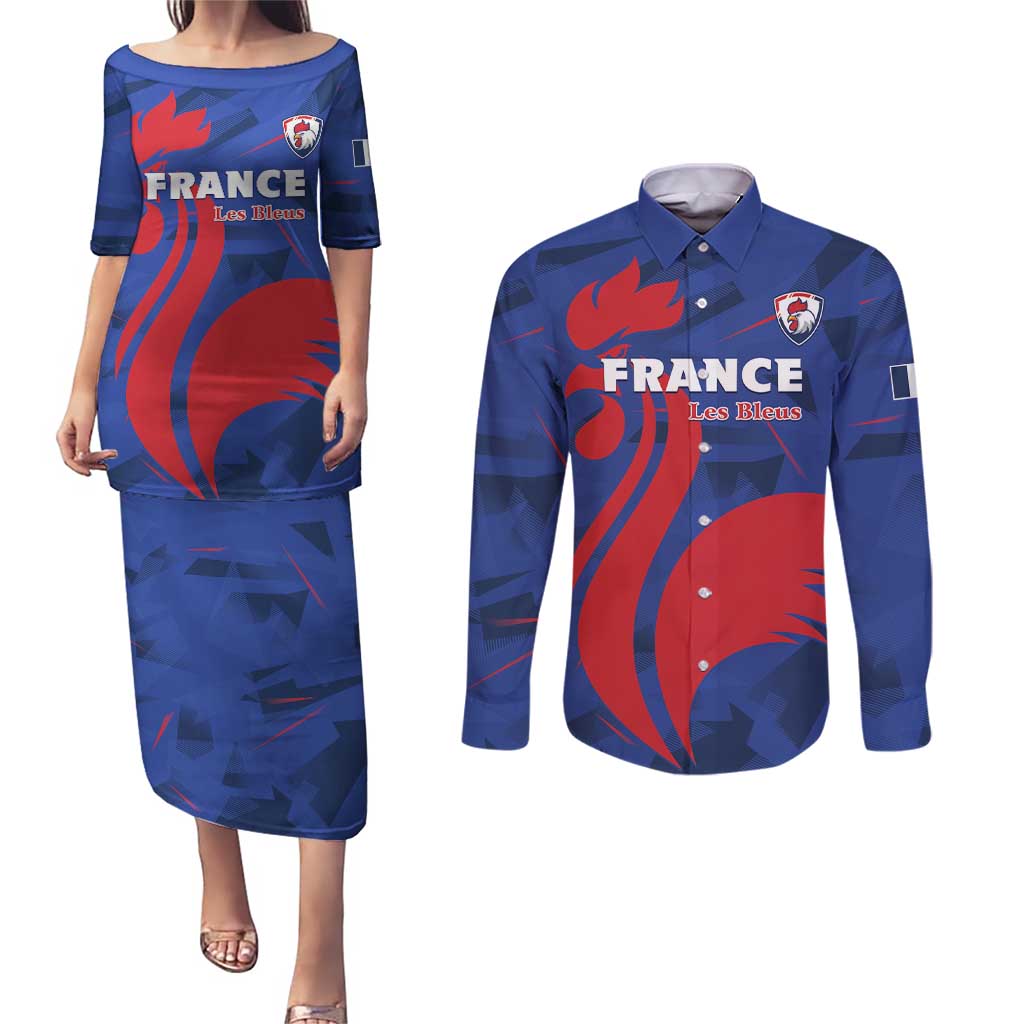 France 2024 Rugby Couples Matching Puletasi and Long Sleeve Button Shirt Bravo Les Bleus - Wonder Print Shop