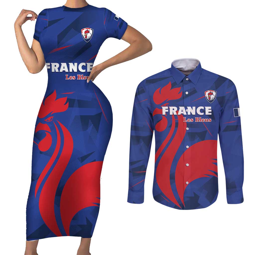 France 2024 Rugby Couples Matching Short Sleeve Bodycon Dress and Long Sleeve Button Shirt Bravo Les Bleus - Wonder Print Shop