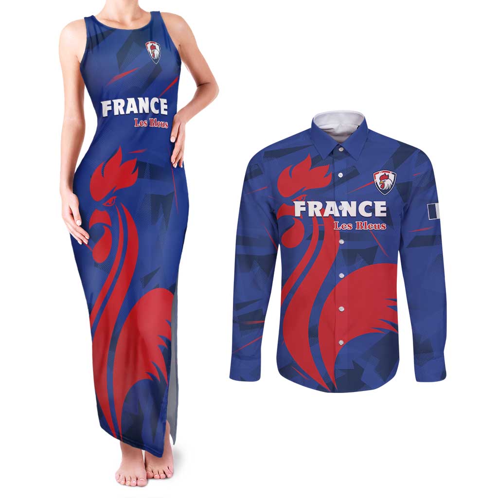 France 2024 Rugby Couples Matching Tank Maxi Dress and Long Sleeve Button Shirt Bravo Les Bleus - Wonder Print Shop