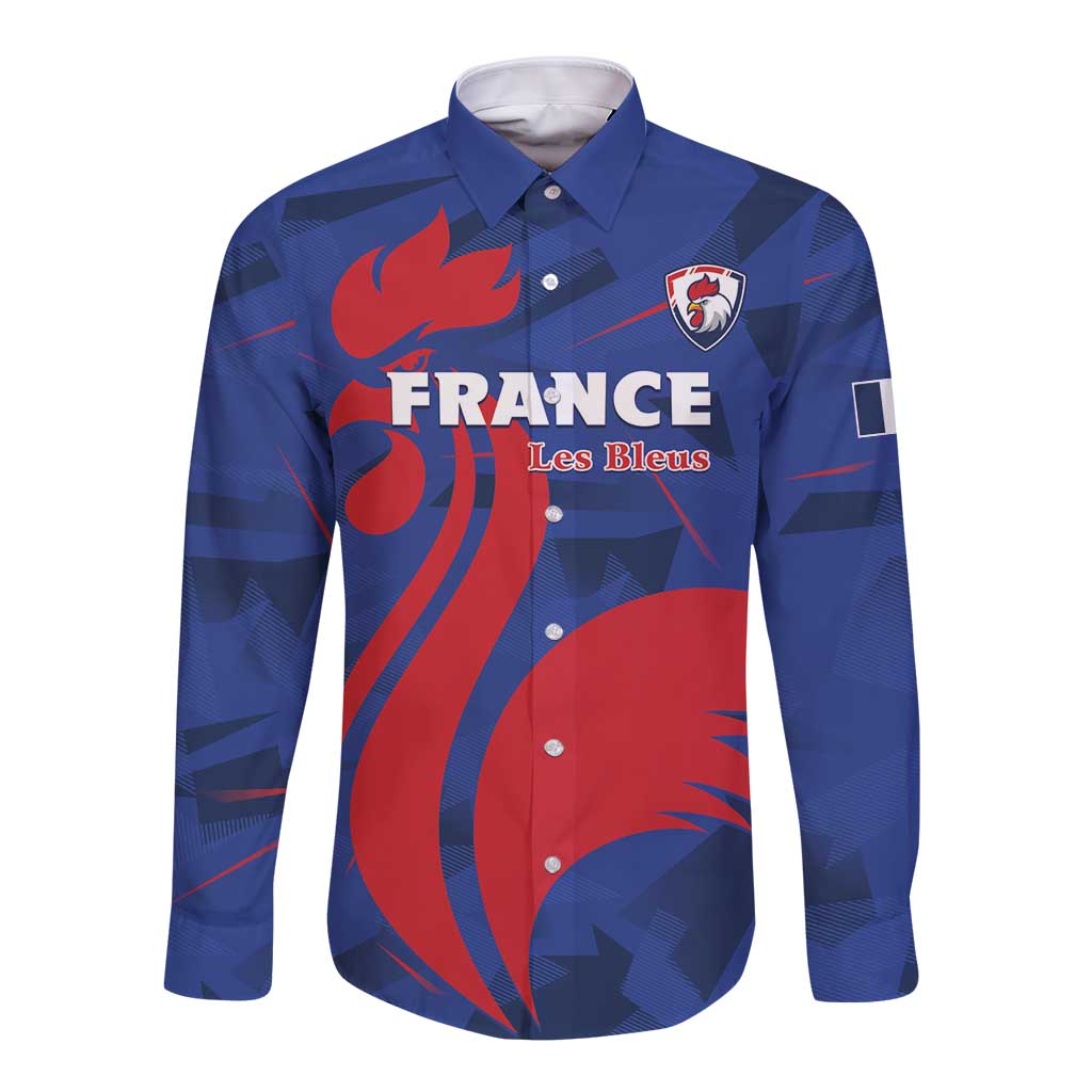 Blue long-sleeve button shirt with collar, France graphic and Les Bleus crest