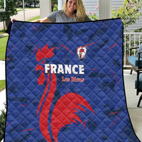 Blue France Les Bleus quilt with red rooster graphic and crest emblem