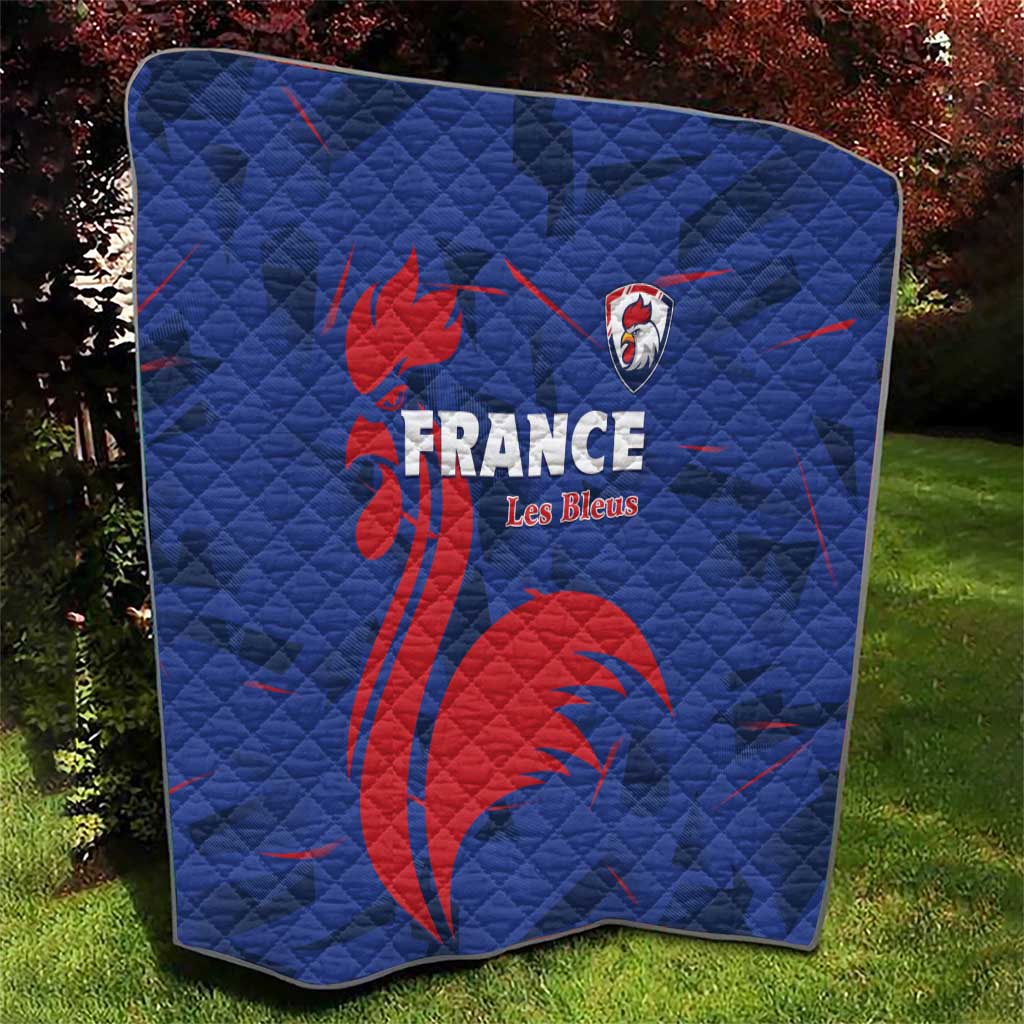 Blue France Les Bleus quilt featuring red rooster design and centered text