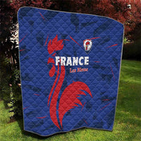 Blue France Les Bleus quilt featuring red rooster design and centered text