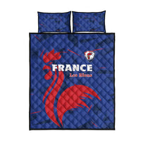 Blue France rugby quilt bed set with red rooster graphic and matching pillowcases