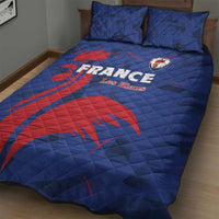 Blue France rugby quilt bed set with red rooster artwork and two pillowcases
