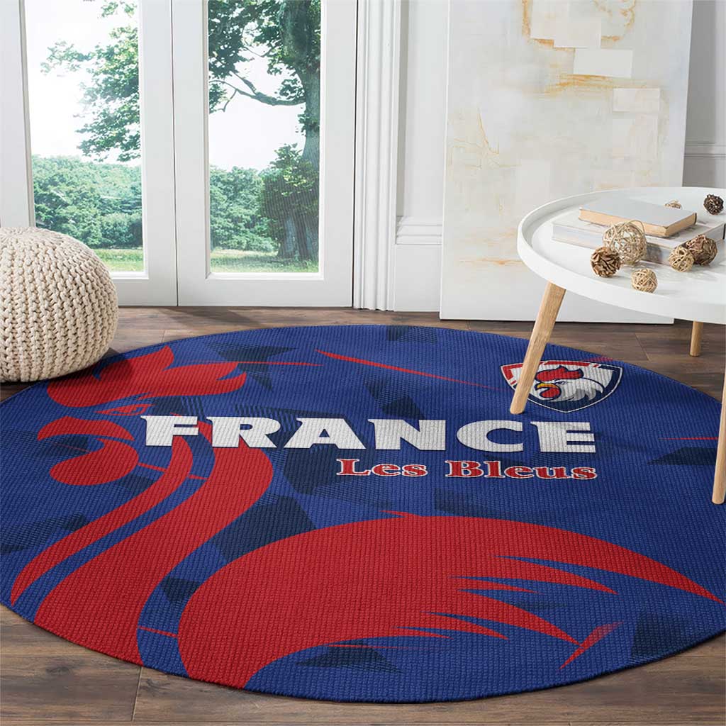 Round blue and red rugby round carpet with FRANCE and Les Bleus wording and crest