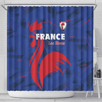Blue shower curtain featuring red rooster art, “FRANCE Les Bleus” lettering, and crest badge