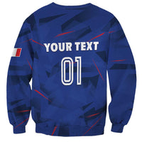 Blue rugby sweatshirt, crew neck, long sleeves, abstract graphic with number 01 front.