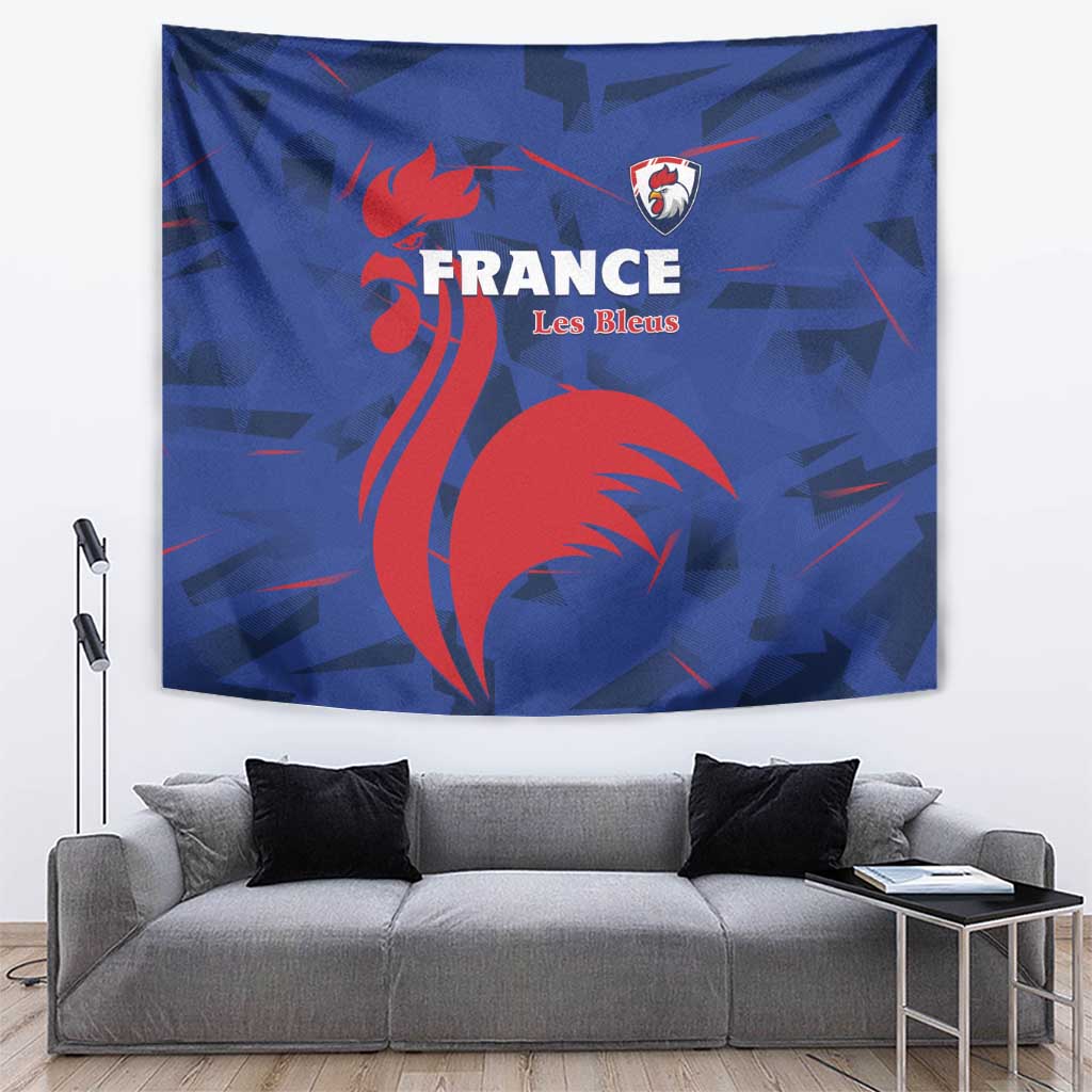 France rugby tapestry wall hanging, blue fabric with red rooster and crest graphic
