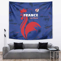 France rugby tapestry wall hanging, blue fabric with red rooster and crest graphic